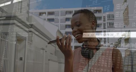 Young woman speaking into smartphone with encryption overlay, urban cybersecurity concept