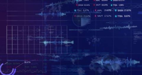 Displaying central data grid with horizontal waveform on neon analytics dashboard featuring globe
