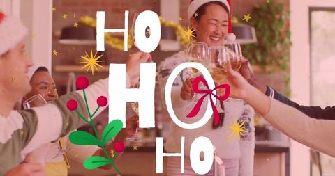 Joyful Group Cheers in Santa Hats During Holiday Feast