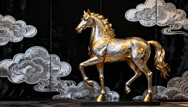 Ornate golden horse sculpture standing on black plinth with silver cloud backdrop