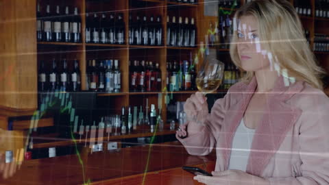 Woman Analyzing Wine Market Data with Smartphone in Wine Bar