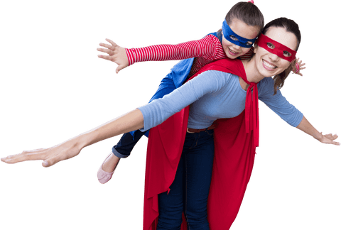Transparent Joyful Mother Daughter Pretending Superheroes