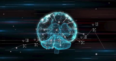 Futuristic digital brain model with data visualizations