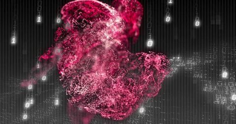 Futuristic swirling particle cloud with binary digits