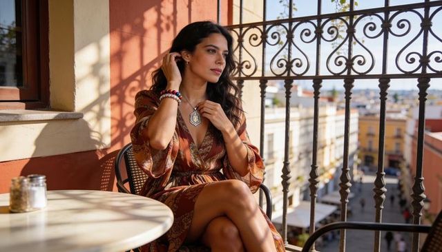 Sunlit bohemian woman relaxing on urban balcony touching pendant at golden hour