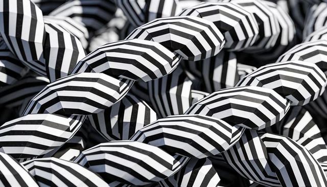 Black and white striped braided geometry forming hexagonal tessellation with diagonal seams