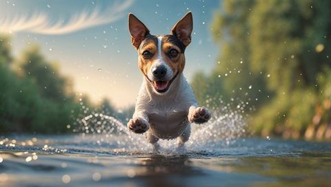 Energetic tricolor dog splashes across forest river