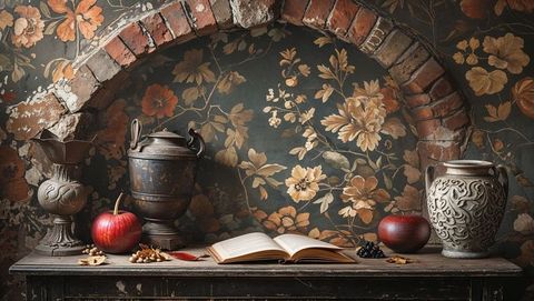 Antique still life with fruits under floral brick arch