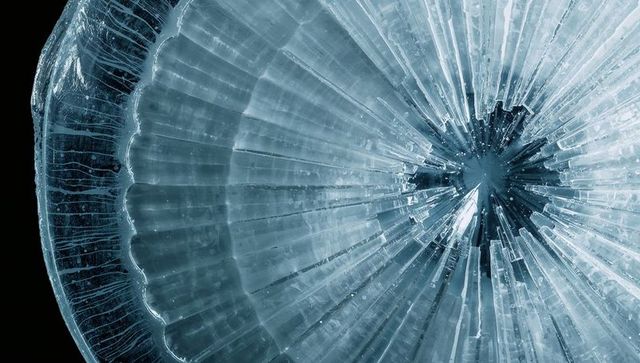 Bioluminescent jellyfish bell macro with radial grooves and starburst hub