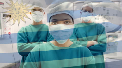 Diverse Doctors with Uruguay Flag, Representing Global Medicine