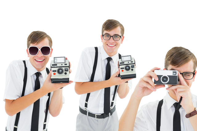 Transparent image of same man posing with retro film cameras - Download Free Stock Videos Pikwizard.com