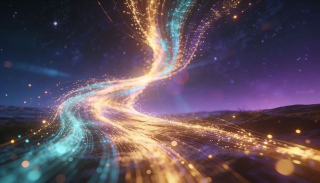 Swirling luminous particle ribbon flowing across night plain with gold cyan glow