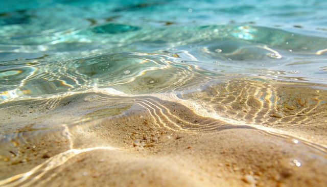 Glittering shallow seabed revealing beige sand ripples, sun caustics, pebbles and turquoise water