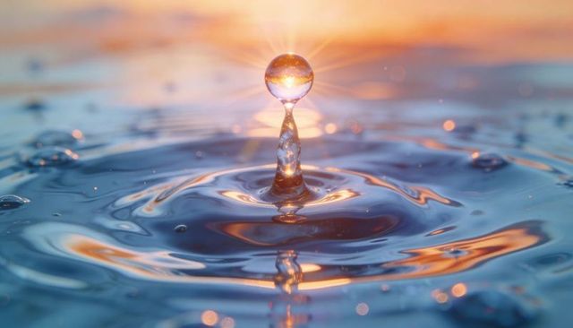 Rising water droplet catching golden sunrise reflection over rippling blue surface