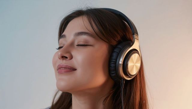 Asian woman enjoying music wearing metal over-ear headphones, serene eyes-closed closeup