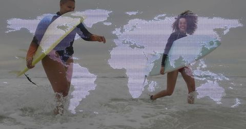 Surfing friends enjoying beach adventure with global connection theme