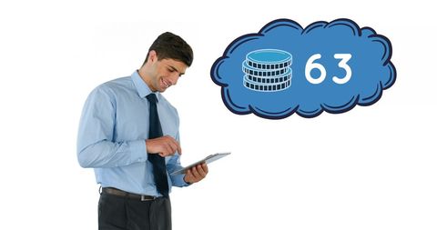 Businessman Analyzing Financial Data on Tablet with Thought Bubble