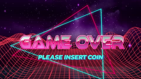 Retro Game Over Screen with Neon Lights and Cosmic Background