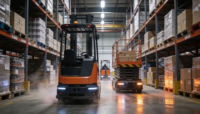 Electric forklift navigating busy warehouse aisle with scissor lift and stacked pallets