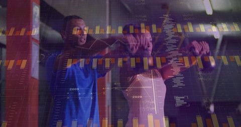 Training partners performing resistance workout with fitness data overlay and analytics