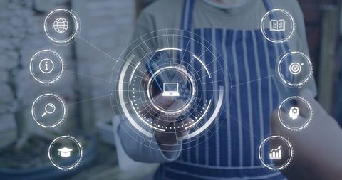 Barista Using Holographic POS Stylus Interface Outdoors Interacting with Digital Laptop Icon