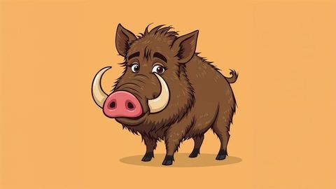 Cute cartoon wild boar illustration with shaggy fur and tusks