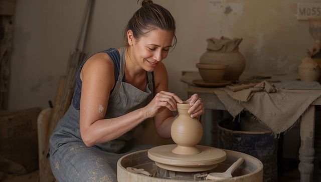Female potter shaping handmade round vase on pottery wheel in rustic studio, stained apron