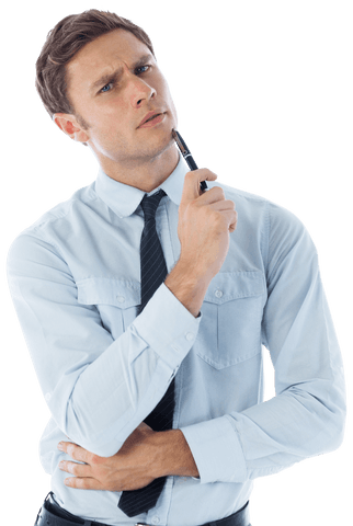 Transparent Thoughtful Caucasian Businessman Holding Pen - Download Free Stock Videos Pikwizard.com