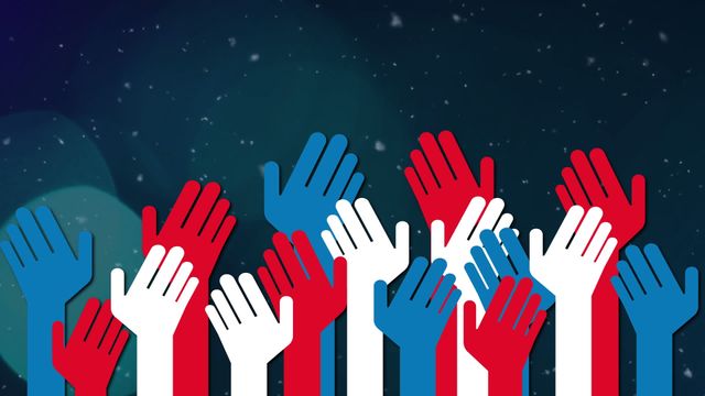 Illustration displays a collection of raised red, blue, and white hands against a backdrop of white particles and blue light spots. The image conveys themes of collective participation, activism, or celebration. Useful for social campaigns, diversity promotions, and event banners.