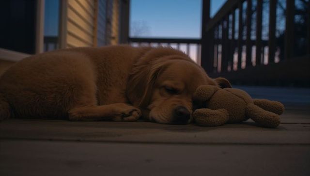 Golden retriever sleeping with teddy bear on wooden porch at dusk cozy tranquil scene