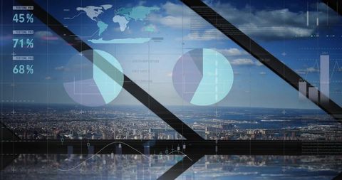 this depiction of financial data visualizations over a cityscape highlights how technology and cities are interconnected. the imagery of digital dashboards and analytics overlays suggests themes of global finance, business trends, and data analysis. useful for illustrating concepts in financial reporting, urban economic growth, technology integration in business, or global market analysis.