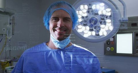 Surgeon in Scrubs with Code Overlay in Operating Room