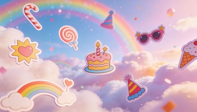 Pastel dreamscape with floating party stickers, rainbow cake and confetti celebration