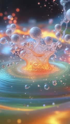 Vertical abstract droplet splash video showing fluid crown, floating spheres, colorful ripples and m
