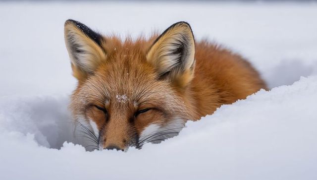 Red fox nestling in deep snow closeup showing whiskers, black-tipped ears and frost