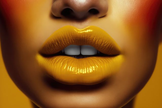 Close up of female lips with satin yellow lipstick, created using generative ai technology. Female face, make up and beauty concept digitally generated image.