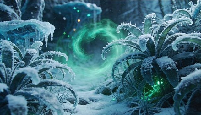 Glowing green portal casting misty light through frosted wood clearing with glowing flora