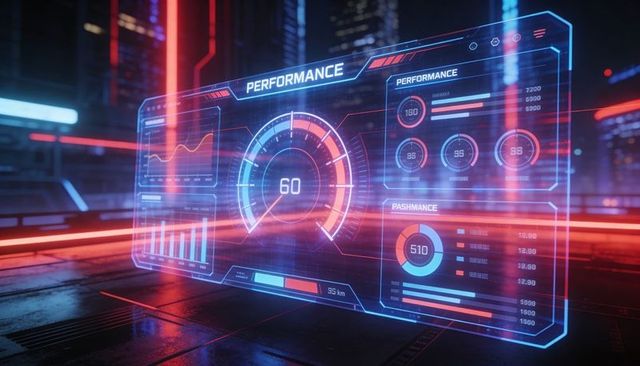 Projecting holographic performance dashboard with central gauge and neon trails cyberpunk