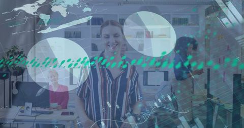 Smiling Businesswoman with Digital Data Overlay in Modern Office