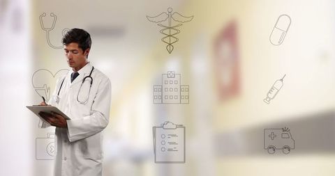 Doctor Analyzing Data Amidst Medical Icons in Modern Hospital