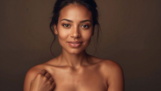 Smiling south asian woman showcasing glowing skin bare shoulders beauty portrait