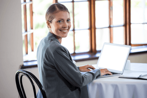 Transparent Screen Businesswoman in Cafe with Laptop and Window View