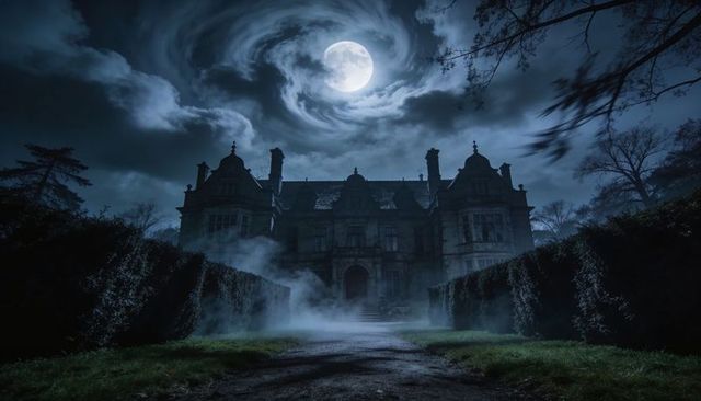 Moonlit gothic manor looming behind foggy hedged driveway under swirling full moon