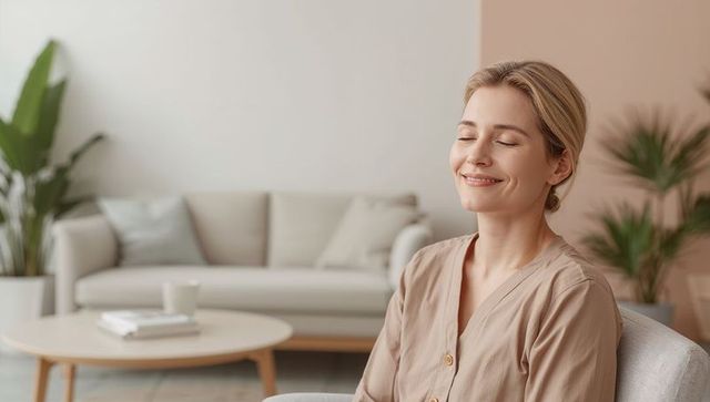Woman relaxing with eyes closed in minimal neutral living room, mindfulness and calm wellbeing