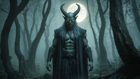 Eerie horned satan warrior in misty hollow with glowing moon