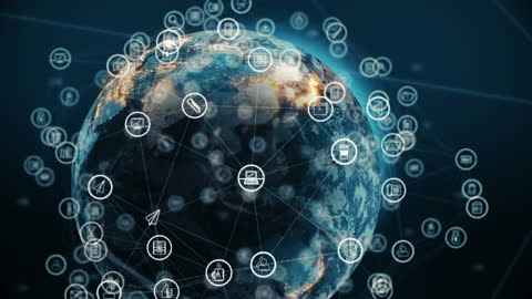 Global Network of Digital Technology Icons Circling Earth