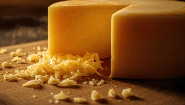 Aged gouda wheels presenting grated shavings on wooden board, rustic dairy closeup