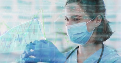 Nurse Conducting Analysis in Clinic with Digital Data Overlay