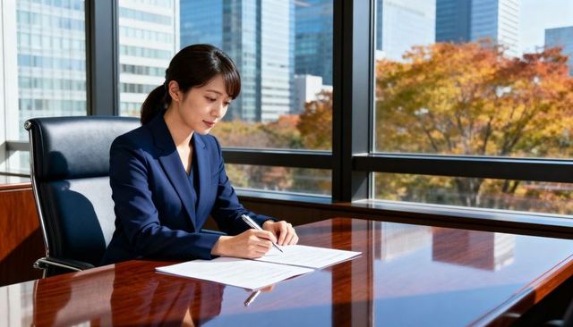 Asian businesswoman signing contract at executive desk with city skyline and autumn trees