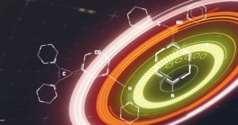 Futuristic digital chemistry simulation with rotating molecular diagrams